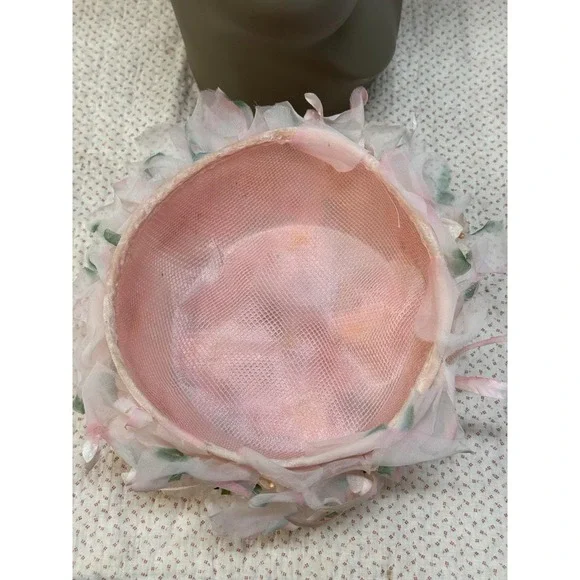 Vintage 1950's Pink Floral Hat with Chiffon Petals Blooms - Spring Garden Party - Picture 5 of 5